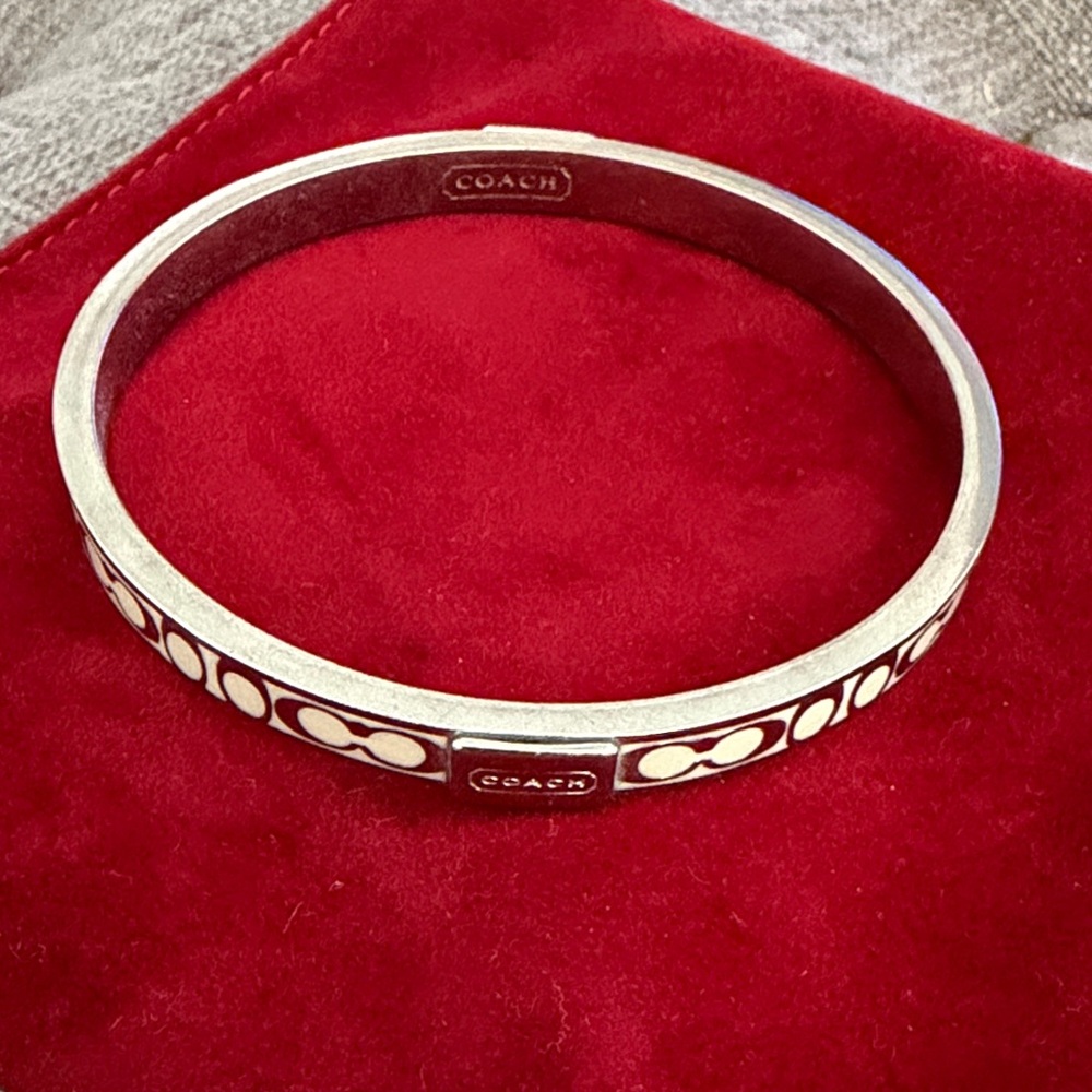 Coach Silver-Tone Bangle with White Signature Inlay